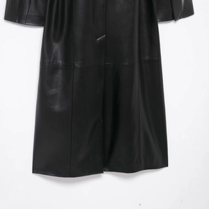 Classic black faux leather coat with long cut and high-quality stitching details