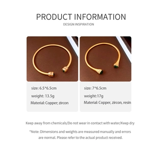 Detailed view of vintage open bangles with zircon inlay and product specifications