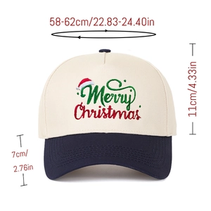 Close-up of Merry Christmas embroidery on a five-panel trucker hat with dimensions