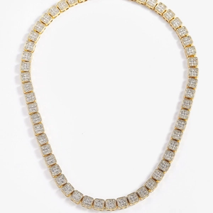 Hip hop 13mm gold plated square link necklace with sparkling rhinestones on white background