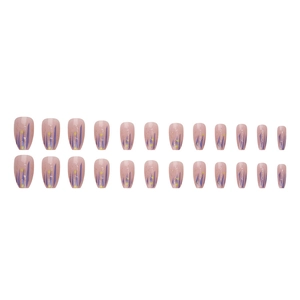 Artistic press-on nails with blue abstract swirls and yellow stars on nude pink base