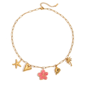 18K gold plated stainless steel necklace with pink flower and tropical ocean charms