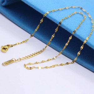 Detail showing high-polish gold lobster clasp and extension chain on lip link necklace