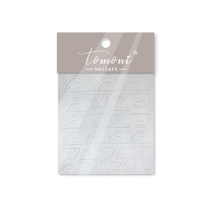 Macro shot of white embossed geometric French manicure nail art templates on transparent film