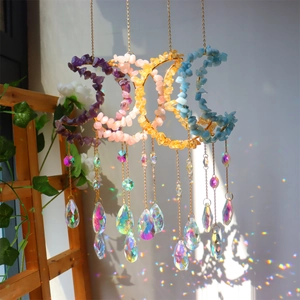 Moon Crystal Suncatcher Hanging Ornament With Natural Stone Chips Rainbow Maker Prism For Window Garden Home Decor Boho