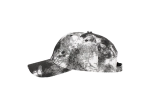 Detailed side view of street style tie-dye baseball cap with cotton fabric texture