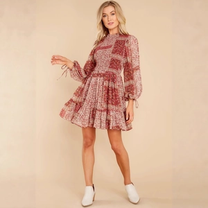 Women Bohemian Paisley Floral Print Long Sleeve Mini Dress Polyester Smocked Mock Neck Ruffled Hem Retro Fashion
