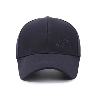 Navy blue sports baseball cap with mountain embroidery and curved brim on white background