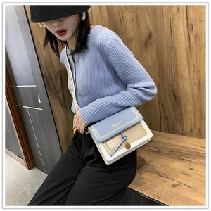 Fashionable crossbody bag with tri-color PU leather design and woven shoulder strap