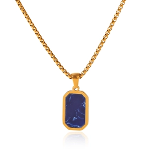Detailed view of a gold stainless steel necklace with a blue marble rectangle pendant