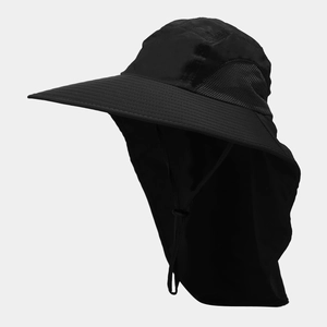 Outdoor sun protection bucket hat with wide brim, neck flap and breathable mesh in black