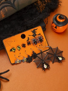 Detailed set of Halloween earrings featuring spiders, webs, and BOO letter designs