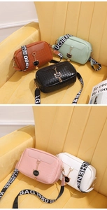 Close-up of woven camera bag with cat metal pendant and colorful striped wide shoulder strap