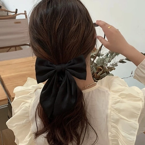 Elegant large black satin bow scrunchie for women hair styling accessories