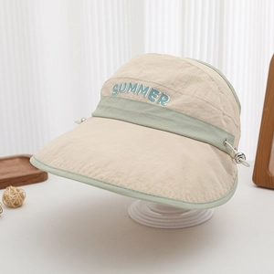 Detail of breathable summer sun hat with SUMMER text and adjustable drawstring cord