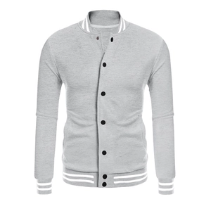 Men's light gray baseball jacket with fleece lining and white stripe trim details