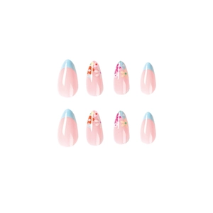 French tip almond press on nails with blue edges and colorful floral daisy patterns