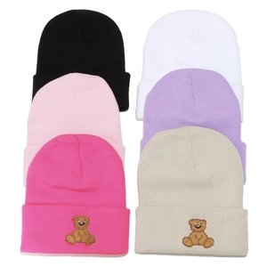 Winter knitted beanies with cute bear embroidery available in multiple pastel colors