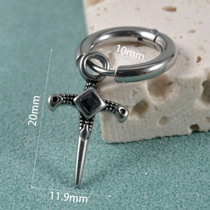 Macro detail of silver sword drop earring with black gemstone and size dimensions