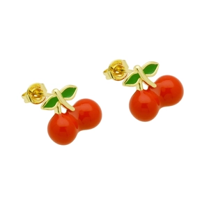 Detail of red cherry earrings with green leaves and gold-plated studs for women