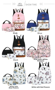 Three-piece school backpack set showing diverse floral patterns and solid color designs