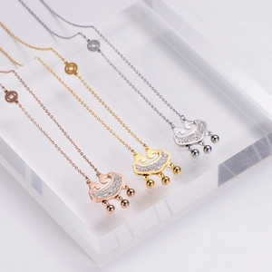 Three-color stainless steel longevity lock necklaces with cubic zirconia in rose gold and silver