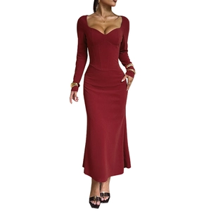 Slim fit wine red long sleeve dress with sweetheart neckline and bodycon mermaid hemline