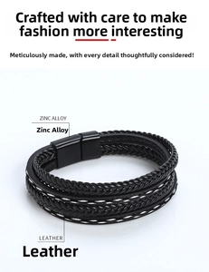 Close-up of black braided leather bracelet with high-quality metal magnetic clasp