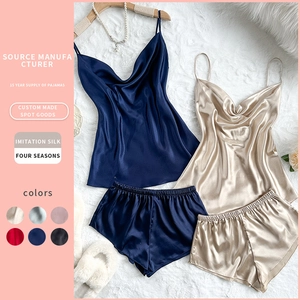 Women Imitation Satin Satin Pajamas Camisole And Shorts Sleepwear Loungewear Spaghetti Strap Sexy Elegant Glossy Home Wear