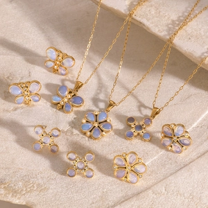 Gold stainless steel butterfly necklace and earrings set with iridescent gemstones
