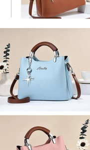 Detailed views of textured leather handbags in blue, brown, and pink with metal logos