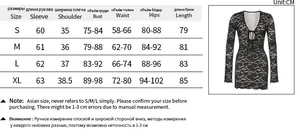 Detailed size guide table for the long sleeve lace mini dress featuring S to XL measurements