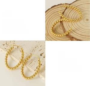 Detail of twisted gold hoop earrings showing premium polishing and plating process