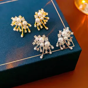 Firework Artificial Pearl Stud Earrings With Silver Earring Post Copper Zircon French Retro Elegant Fashion Jewelry For Women
