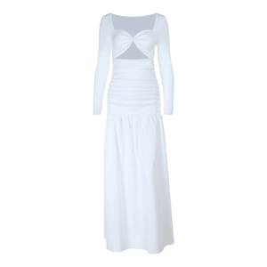 Detail of front twist knot hollow design and pleated waist on white long sleeve dress
