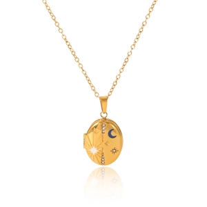 Detail of gold locket necklace with crystal-inlaid star, moon, and sun patterns