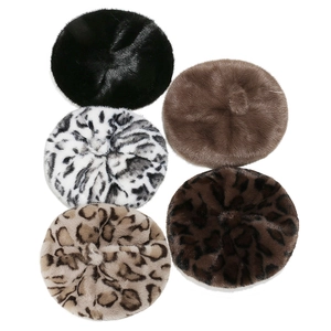 Plush faux mink fur beret hats in assorted leopard prints and solid neutral colors
