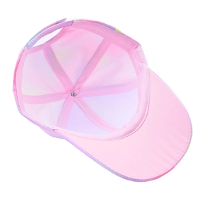 Top view of kids tie-dye baseball cap showing interior structure and adjustable strap