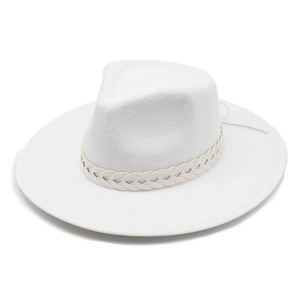 Elegant white wide-brim wool fedora with a beige woven band and bohemian style details