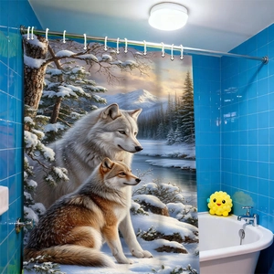 Detail view of a 3D digital wolf print shower curtain in a realistic snow landscape