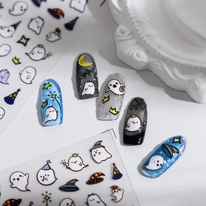 5D Halloween nail stickers with ghosts and spider webs on various nail colors