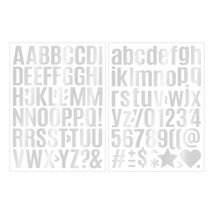 Detail of 1-inch silver metallic alphabet and number stickers with glossy finish