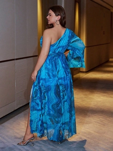 Elegant blue marble print one-shoulder maxi dress with a waist tie for summer vacation