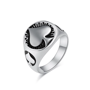 Men's silver titanium steel spade ring with punk style spade ace engraving and polished finish