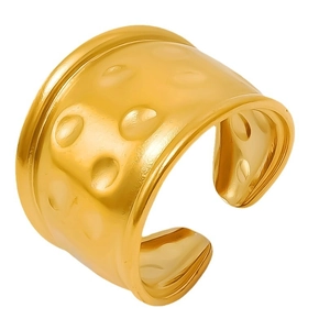 Bague large ajustable en acier inoxydable doré avec surface texturée géométrique pour femme
