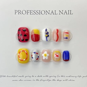 Artistic Graffiti Handmade Press On Nails Glossy Multi Color Abstract Pattern Bow 3D Flower False Nails For Women Jewelry