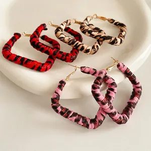 Square Hoop Earrings Leopard Print Leather Wrap Geometric Retro Jewelry With Silver Earring Post For Women