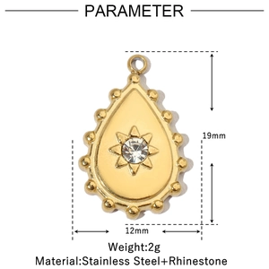 Detailed dimensions of golden teardrop pendant with rhinestone star and measurements