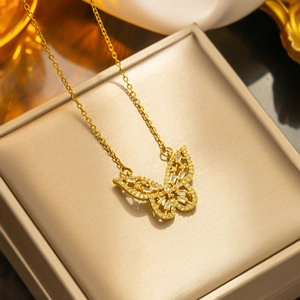 Exquisite hollow butterfly necklace in gold finish with micro-set zircon stones