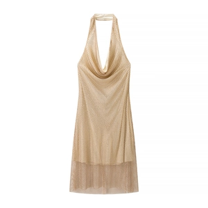 Robe Courte Sexy Halter Strass Étincelant Maille Métallique Col Bénitier Dos Nu Coupe Ajustée Soirée Club Femmes Or